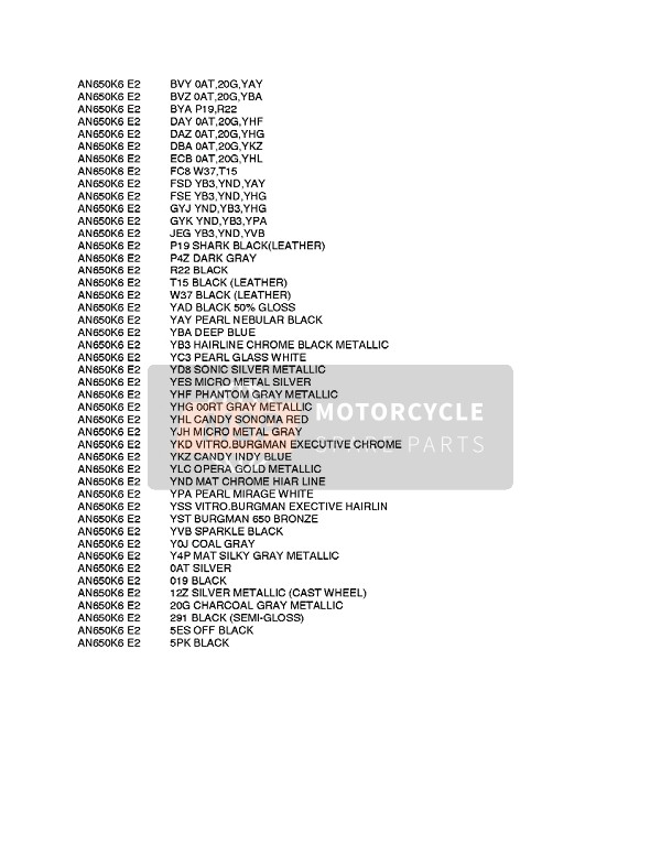 Suzuki AN650A BURGMAN EXECUTIVE 2010 Colour Chart for a 2010 Suzuki AN650A BURGMAN EXECUTIVE